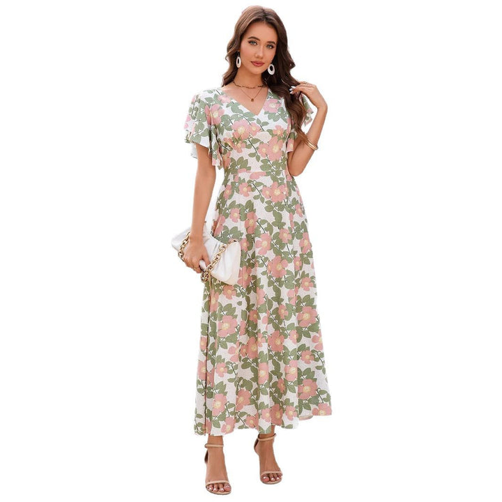 Damen Maxikleid mit femininem V-Ausschnitt und Rüschendetails Drune