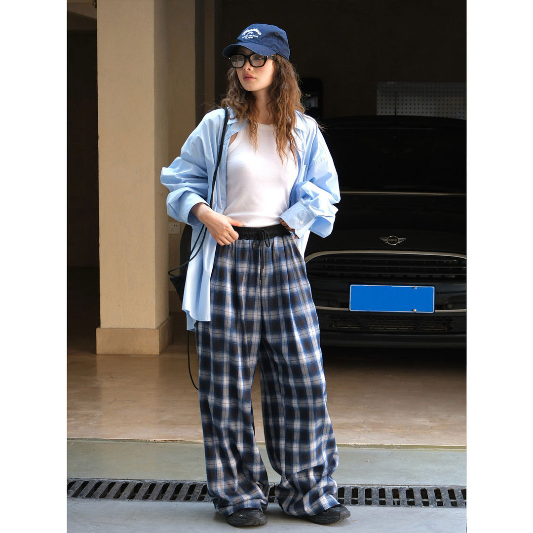 Damen Bequeme Karohose mit elastischem Bund und seitlichen Taschen Drune