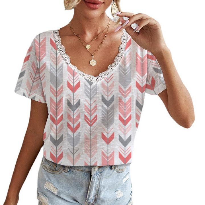 Damen Viskose T-Shirt mit Spitze und Pfeilmuster Drune