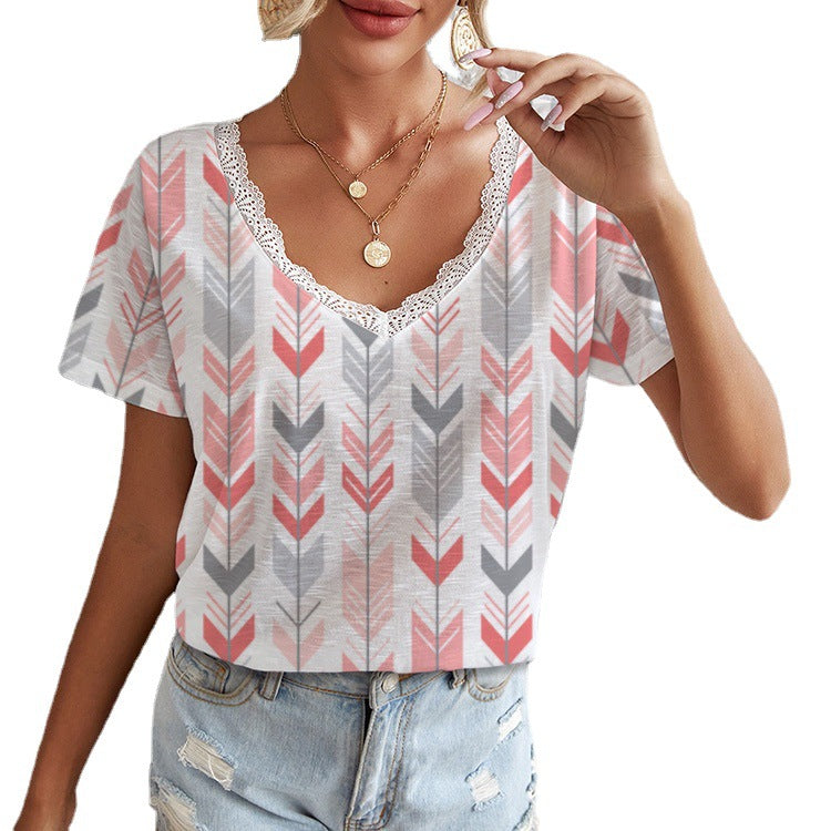 Damen Viskose-Shirt mit Spitzenkragen und Pfeilmuster Drune