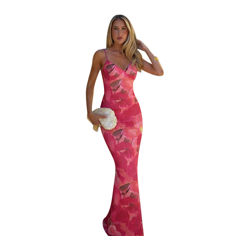Damen Maxikleid mit floralem Muster und verstellbaren Spaghetti-Trägern Drune