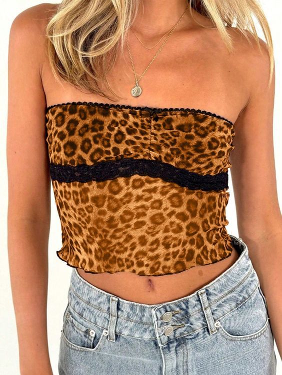Damen Bandeau-Top mit trendigem Leopardenmuster und zarter Spitzenkante Drune
