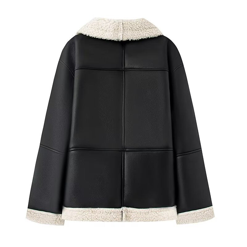 Damen modische Kunstlederjacke mit warmem Fleecefutter und praktischen Taschen Drune