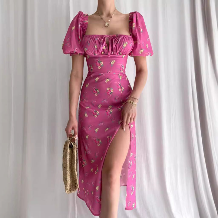 Damen Blütenmuster Maxikleid mit Puffärmeln und hohem Beinschlitz Drune