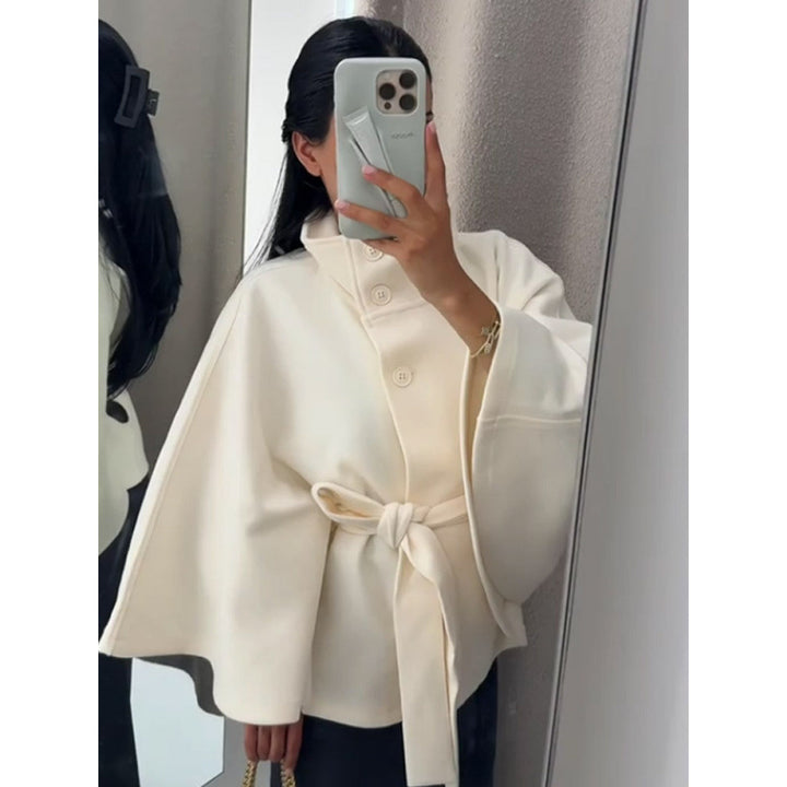 Damen elegante Cape-Jacke mit Knoten-Detail und voluminösen Ärmeln Drune