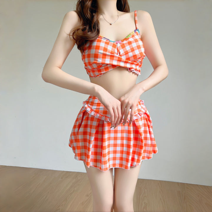 Damen Bikiniset mit hoch geschnittenen Hosen und modischem Karomuster Drune