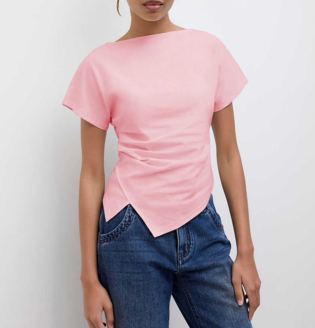 Damen Cropped T-Shirt mit asymmetrischem Schnitt und dekorativem Drapierungseffekt Drune