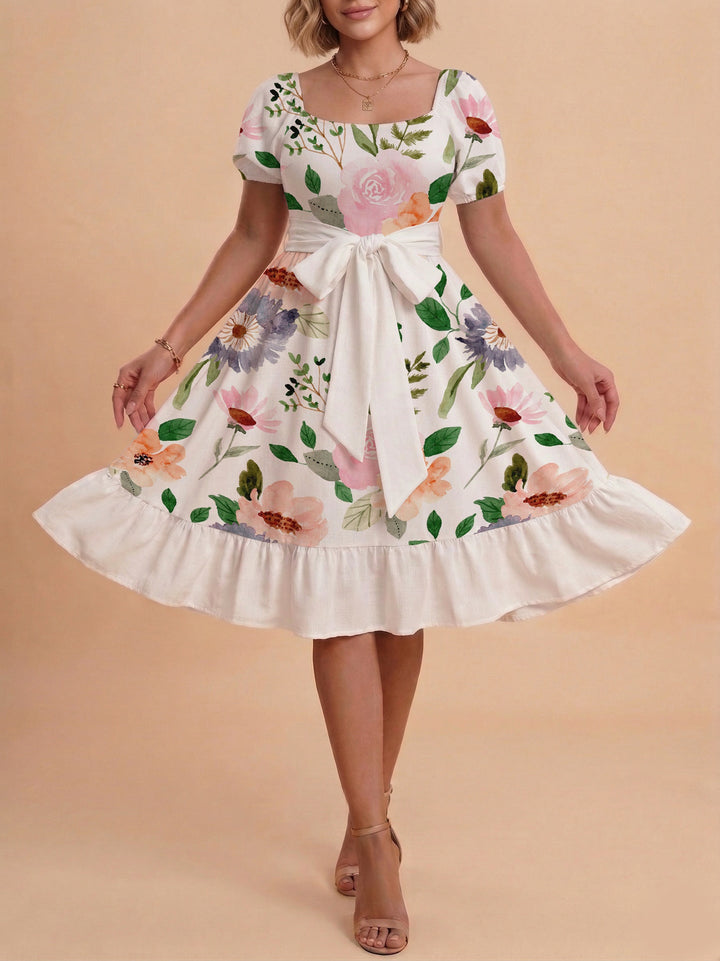 Damen Sommerliches Blumenkleid mit taillierbarem Gürtel und voluminösen Ärmeln Drune