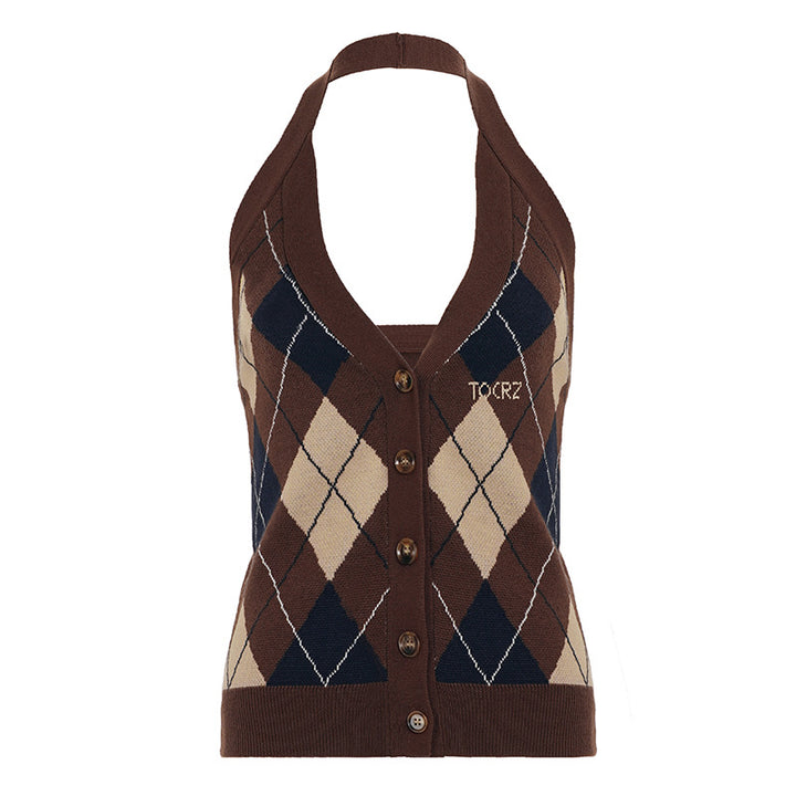 Damen ärmelloser Strickpullover im klassischen Karomuster Drune