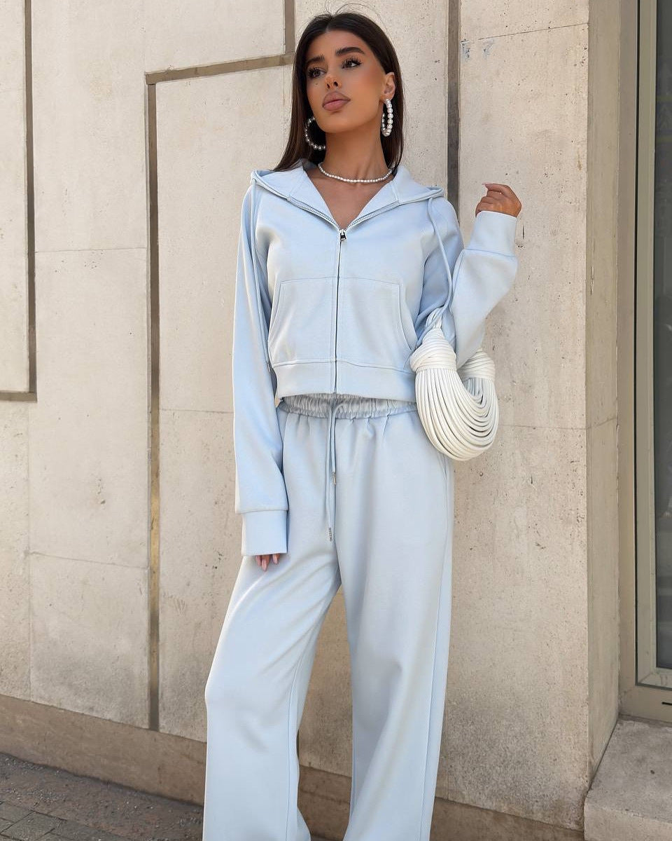 Damen Sportliches Freizeit-Set mit modischem Cropped Hoodie und weiter Hose Drune