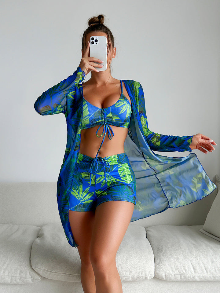 Damen Bikiniset mit luftiger Wickeljacke und floralem Muster Drune