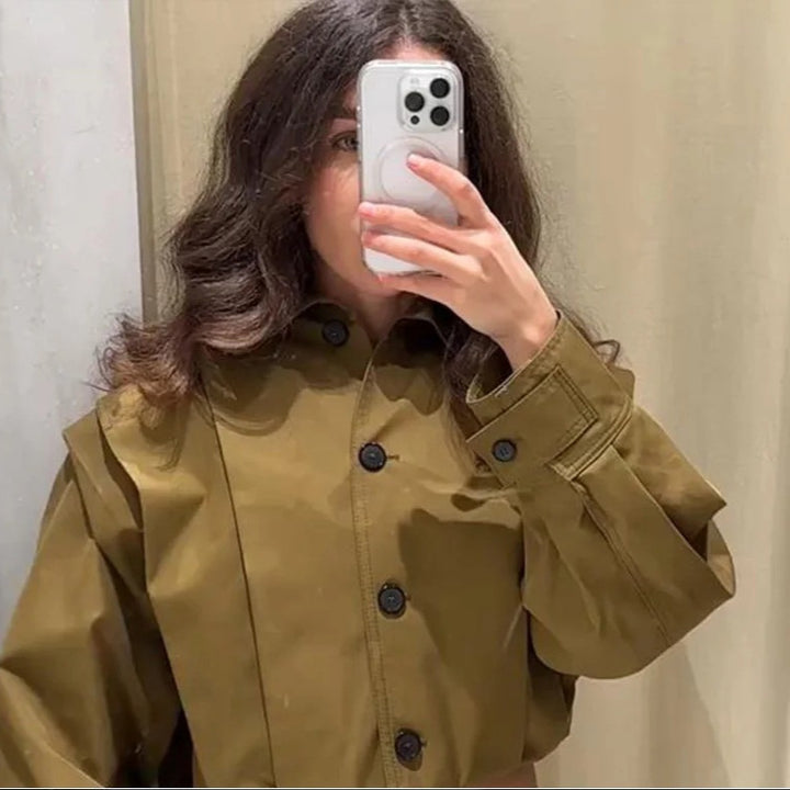 Damen Modische Oversized-Jacke mit strukturierten Ärmeln und Knopfdetail Drune