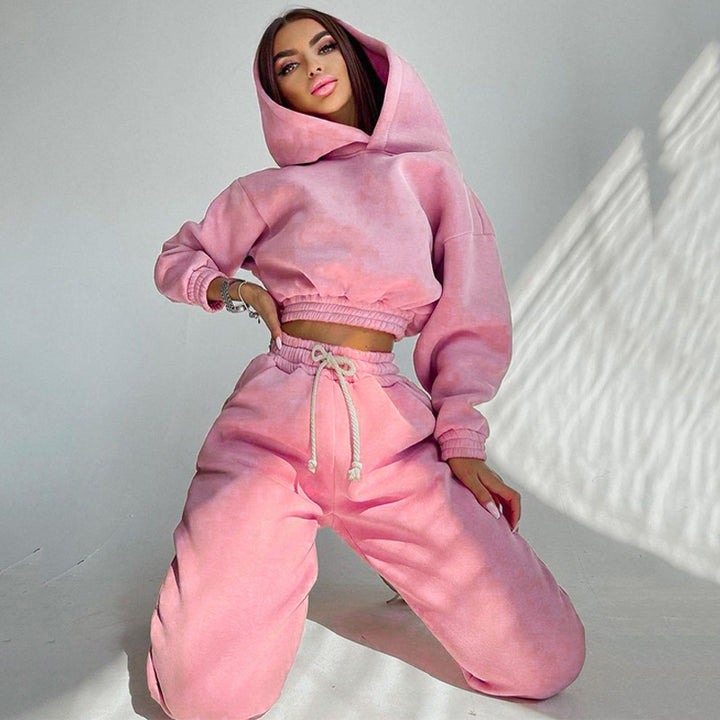 Damen nan Cropped-Hoodie-Loungewear-Set mit elastischem Rippbund, hoher Taillen-Jogginghose und dekorativem Kordelzug Drune