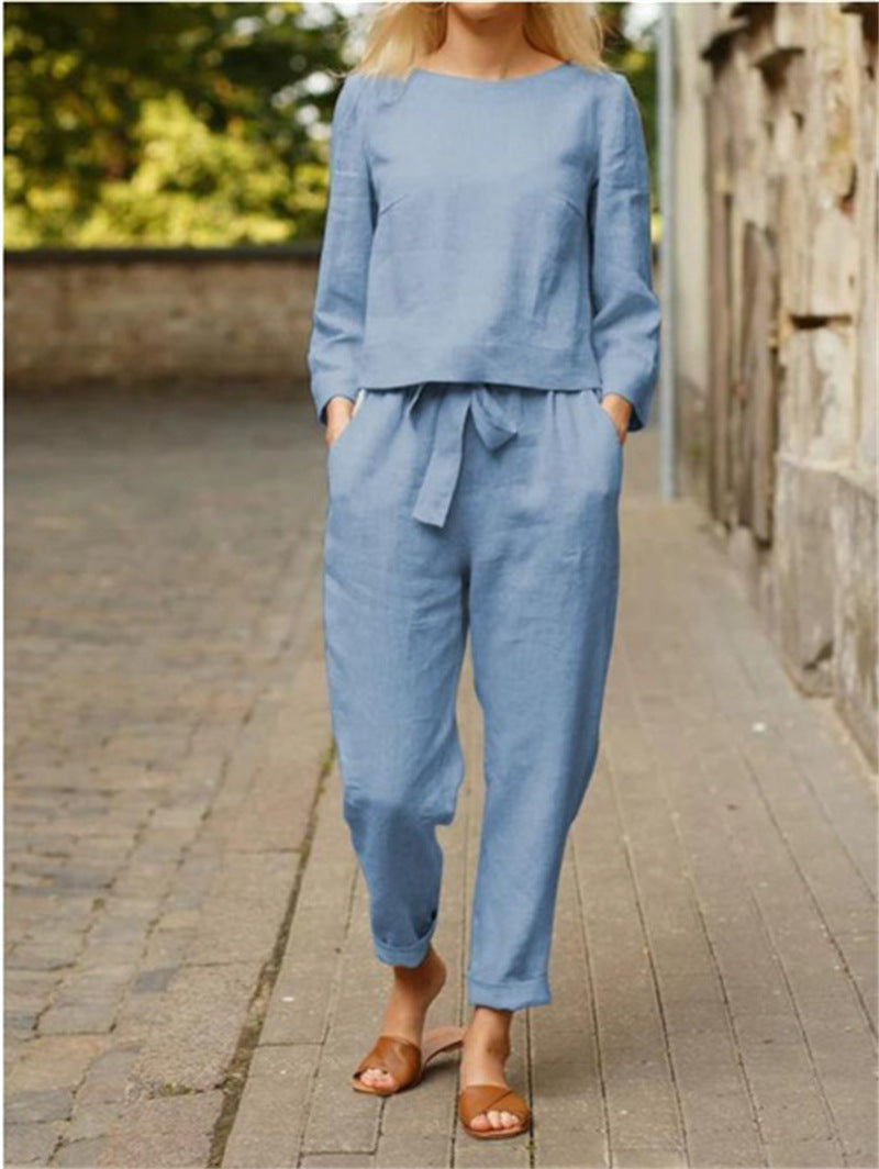 Damen Lässiges Zweiteiliges Leinen-Outfit mit breitem Bund Drune