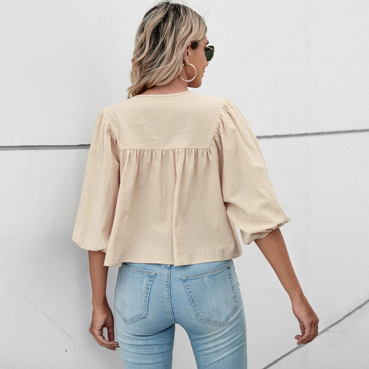 Damen Blusenshirt mit eleganten Puffärmeln und schickem Kordelzug Drune