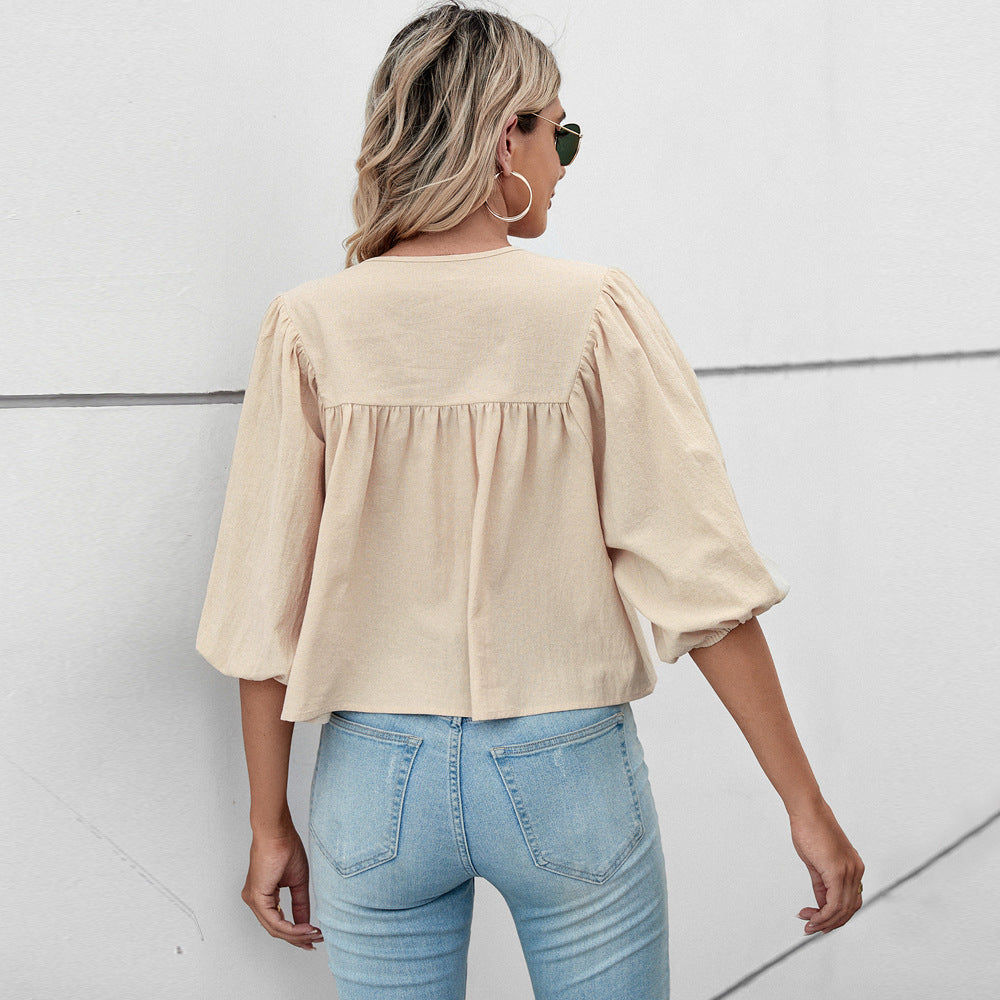 Damen Bluse mit weiten Ärmeln und verspieltem Knoten Drune
