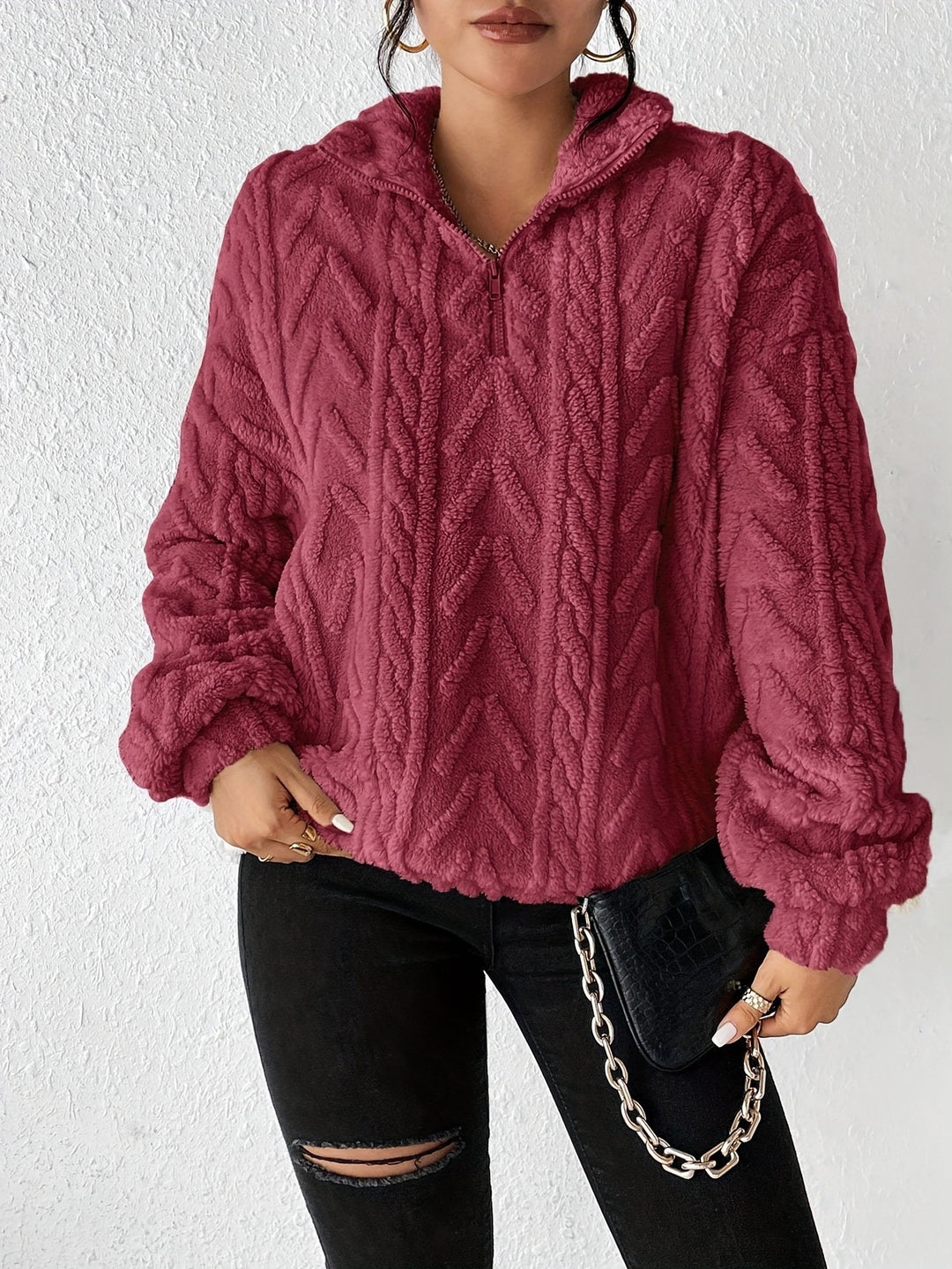 Damen Fleece Pullover mit hohem Kragen und strukturiertem Design Drune