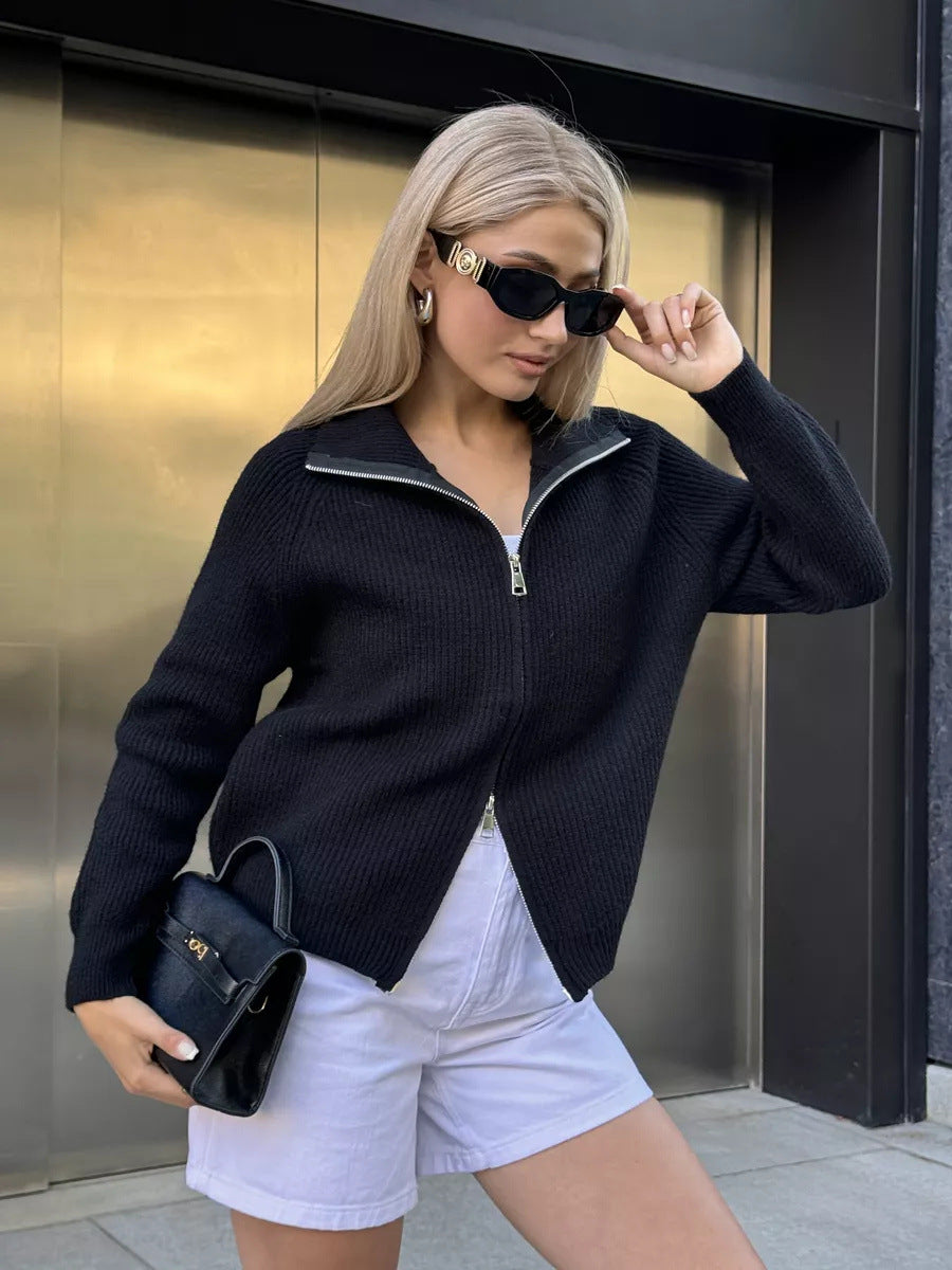 Damen modischer Grobstrickpullover mit hohem Kragen und durchgehendem Reißverschluss Drune