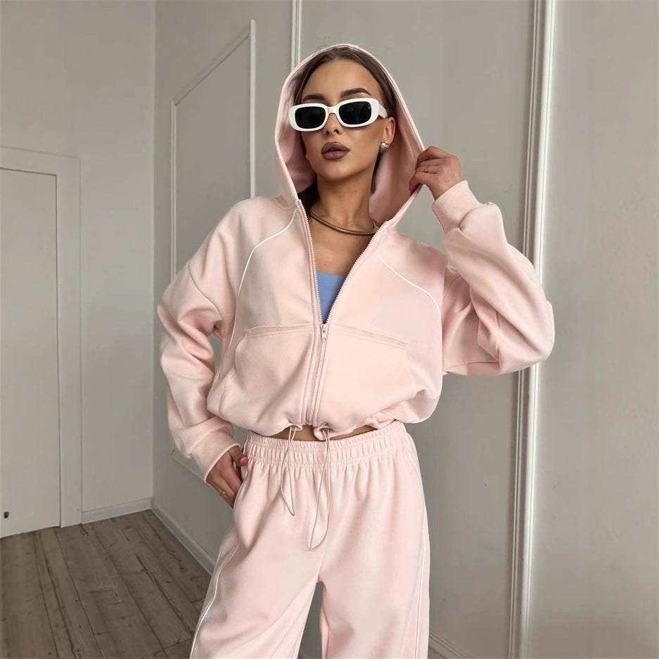 Damen nan Kapuzenjacke und weite Jogginghose Set mit kontrastnähten Drune