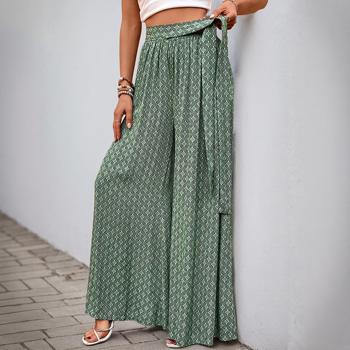 Damen Weite Palazzo-Hose mit seitlichem Bindegürtel und elegantem Print Drune