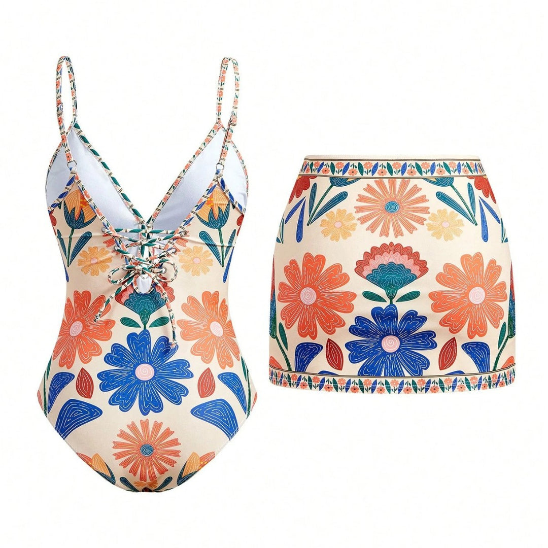 Damen Badeanzug mit floralem Design und abnehmbarem Rock Drune
