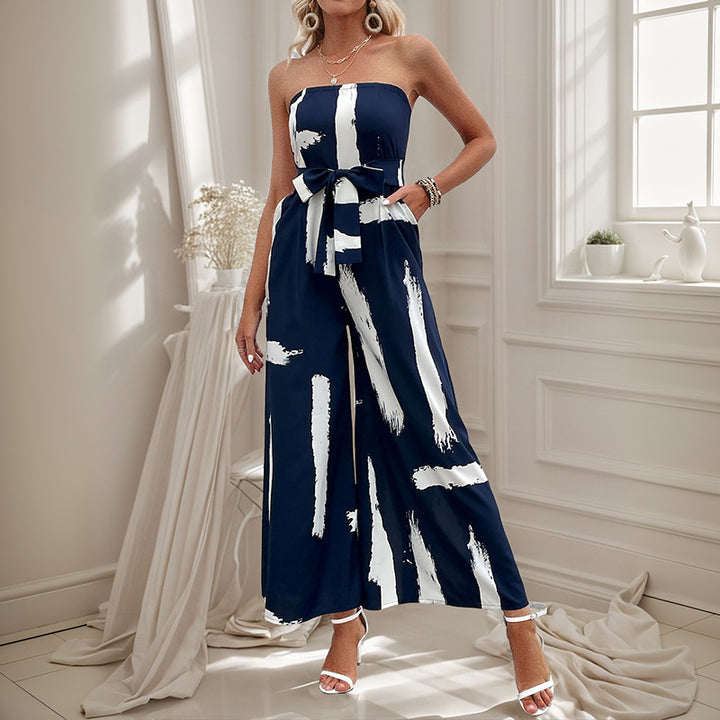 Damen schulterfreier Jumpsuit mit weitem Bein und modischem Bindegürtel Drune