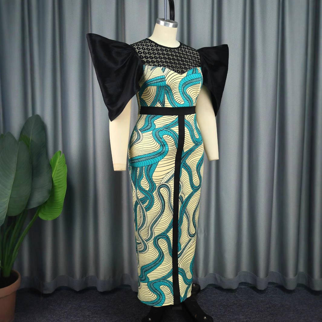 Damen Elegantes Maxikleid mit Volumenärmel und einzigartigem Muster Drune