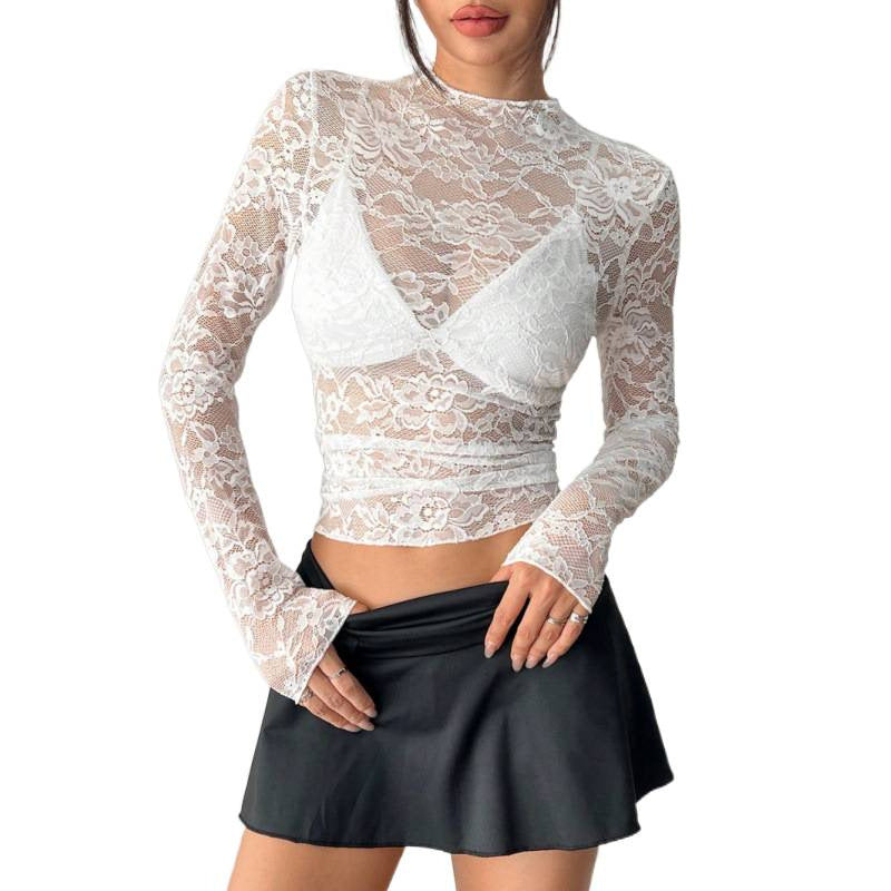 Damen Spitzentop mit langem Arm und tiefem V-Ausschnitt Drune