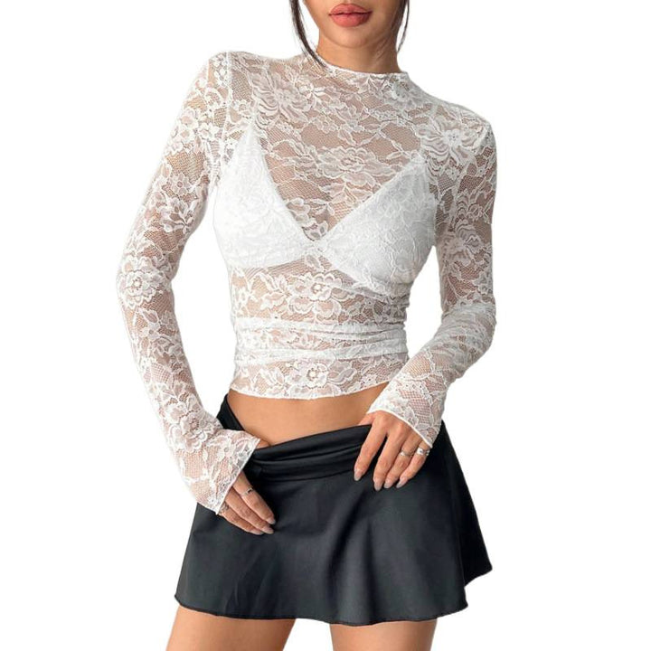 Damen Spitzentop mit langem Arm und tiefem V-Ausschnitt Drune