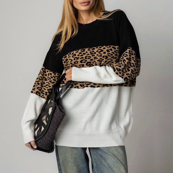 Damen modischer Oversized-Pullover mit animalischem Muster und kreativen Farbblockdetails Drune