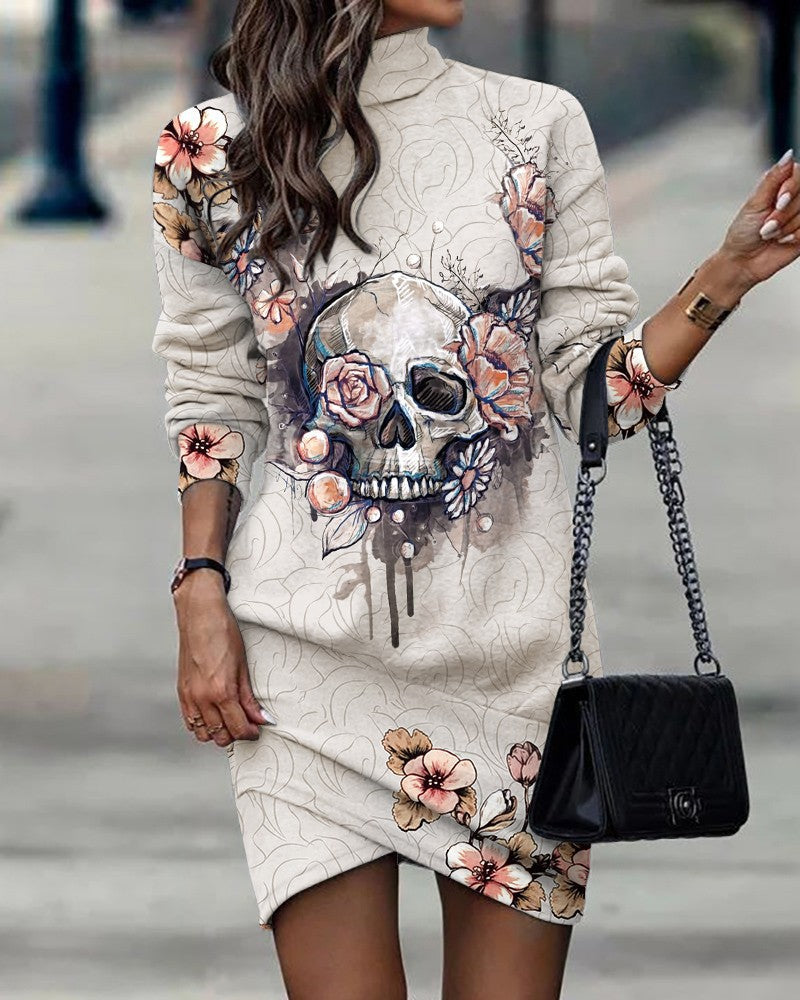 Damen Sweatkleid mit einzigartigem Totenkopf- und Blumenmotiv Drune