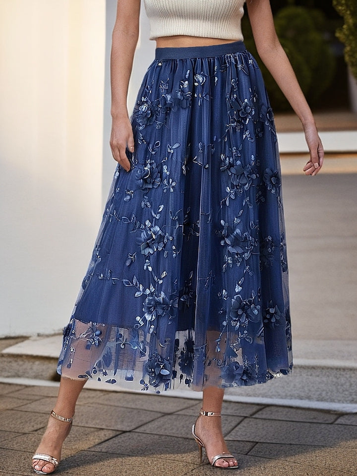 Damen Eleganter Tüllrock mit floralen Stickereien und elastischem Bund Drune