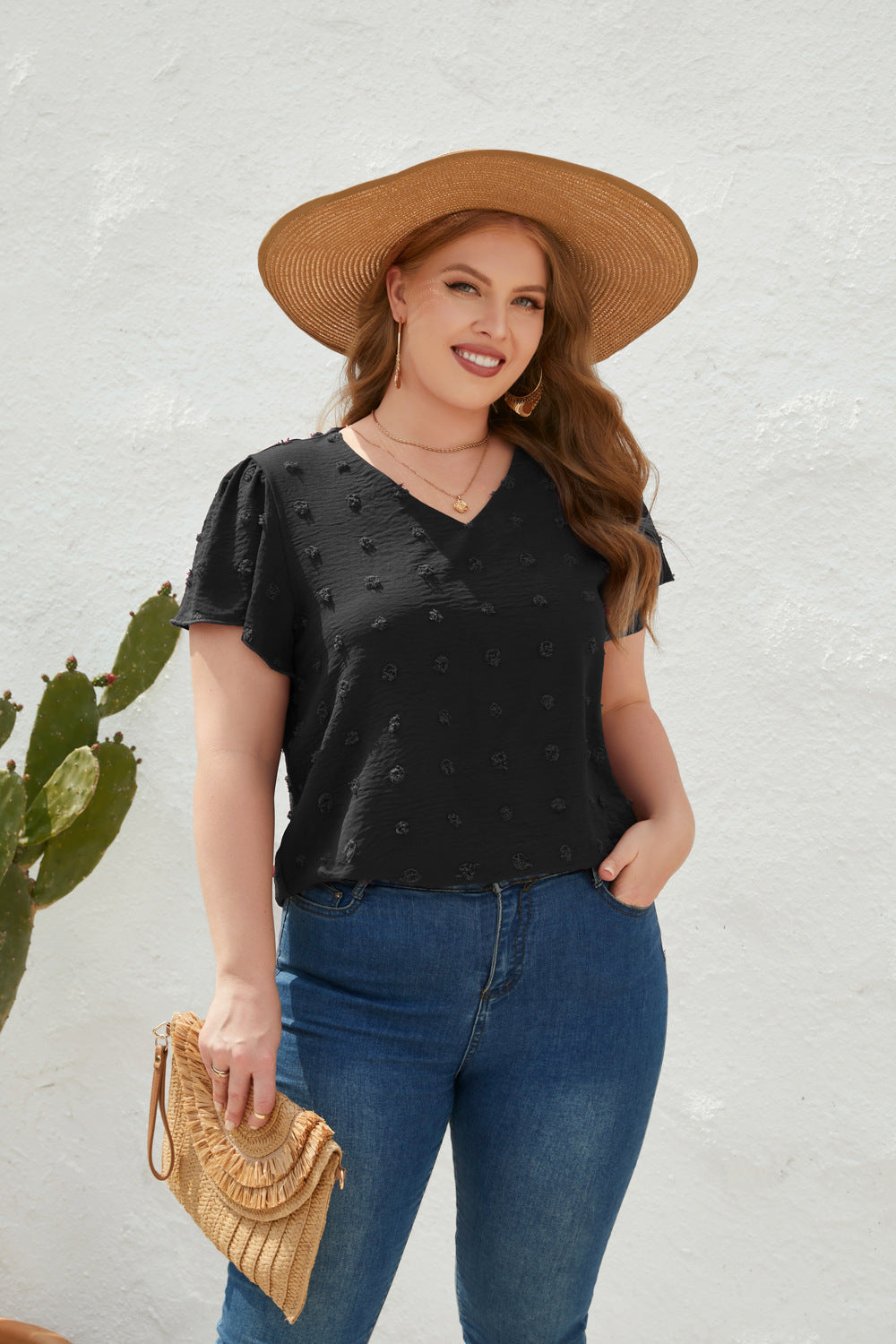 Damen Leichtes V-Ausschnitt T-Shirt mit strukturiertem Design Drune