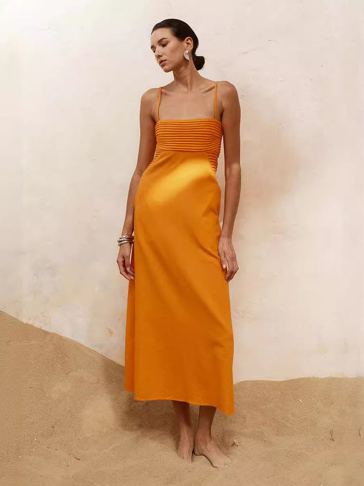 Damen sommerliches Maxikleid mit Raffungen und Spaghettiträgern Drune