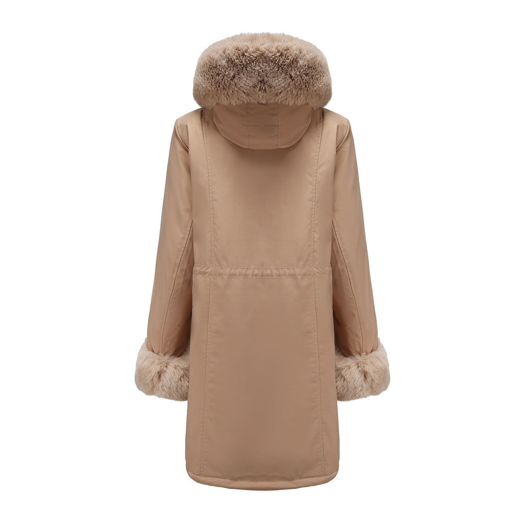 Damen modische Lange Jacke mit Kunstfellbesatz Drune