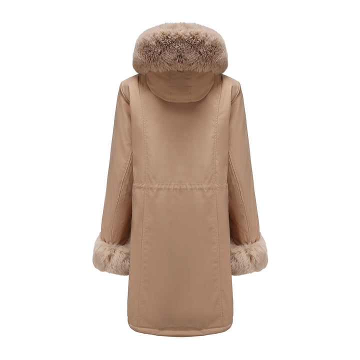 Damen modische Lange Jacke mit Kunstfellbesatz Drune