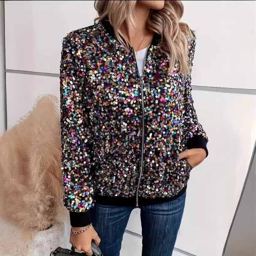 Damen Glitzer Bomberjacke mit funkelnden Pailletten und elastischen Bündchen Drune
