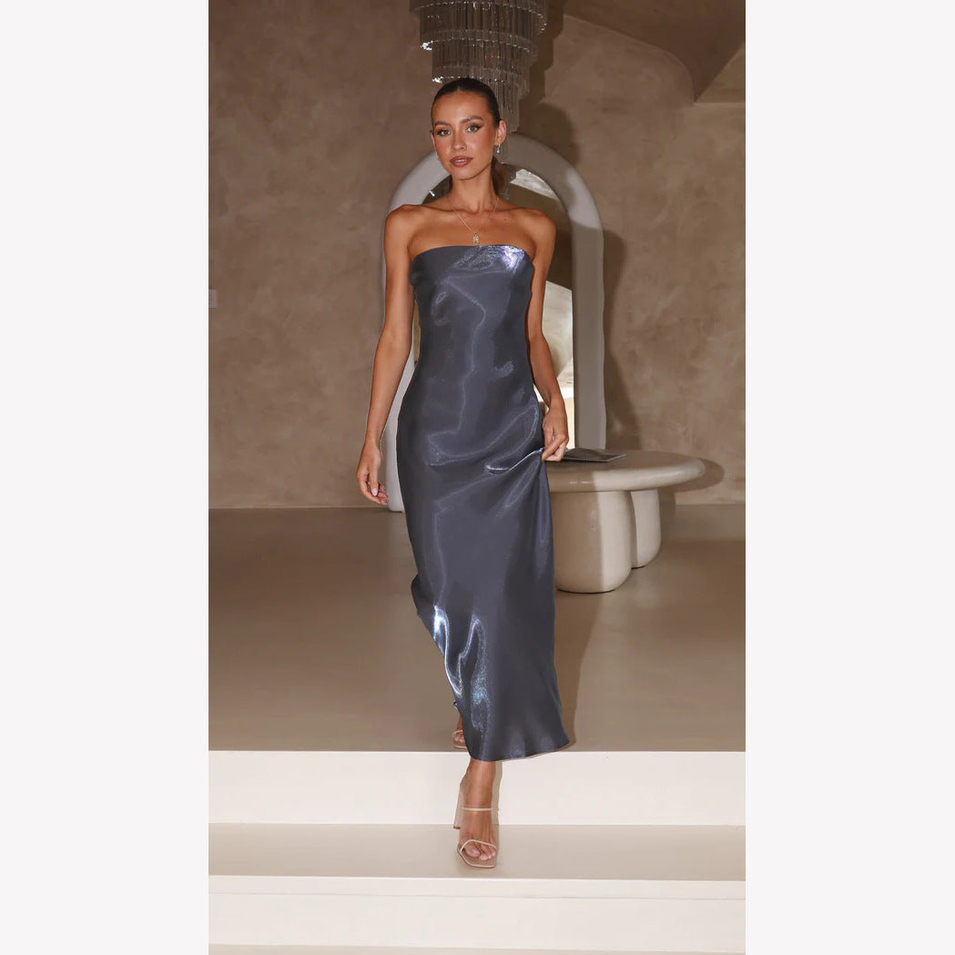 Damen Elegantes Bandeau-Maxikleid mit fließendem Satin und körpernaher Silhouette Drune