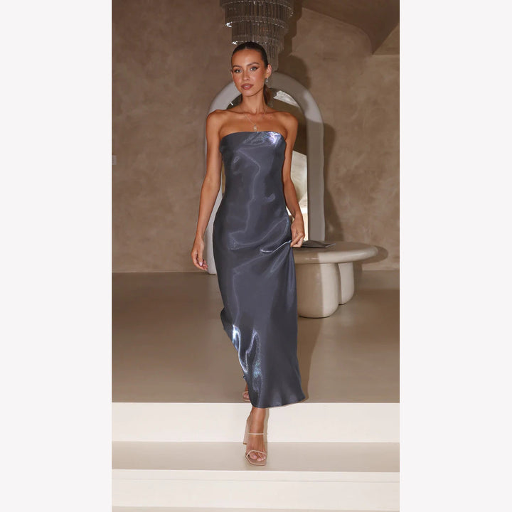 Damen Elegantes Bandeau-Maxikleid mit fließendem Satin und körpernaher Silhouette Drune