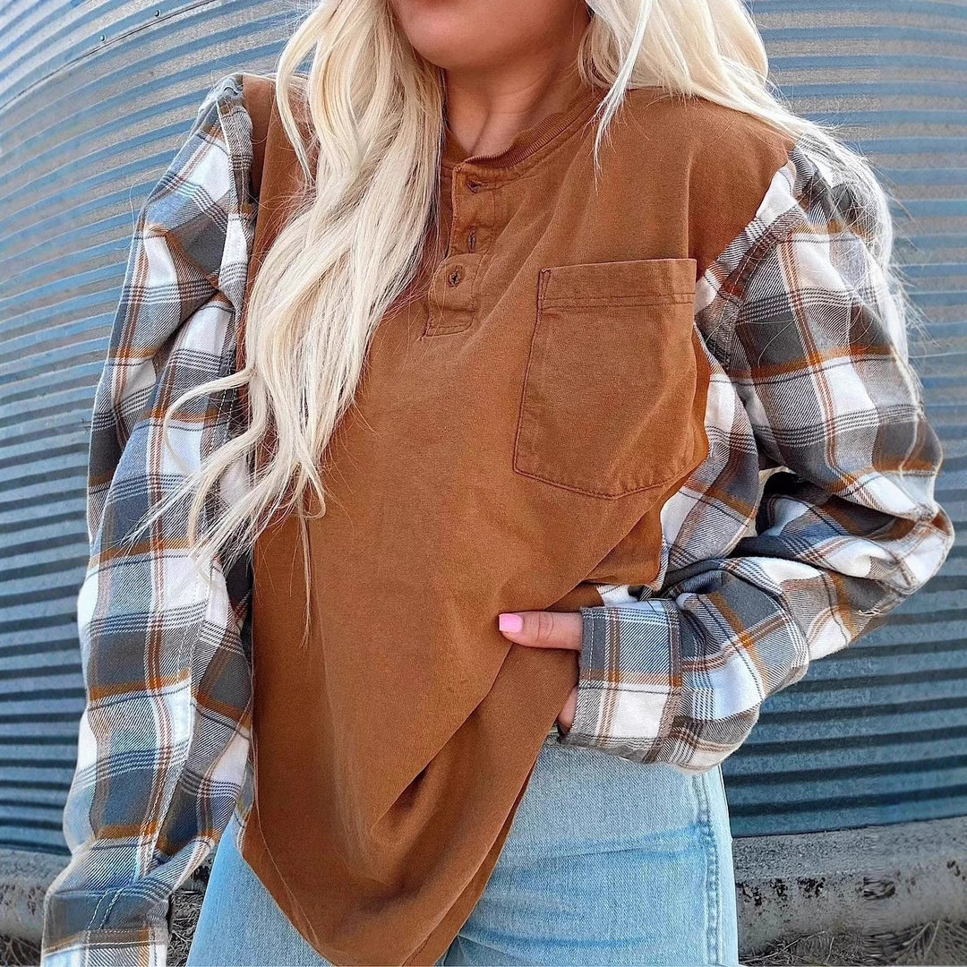 Damen Langarmshirt mit karierten Ärmeln Drune
