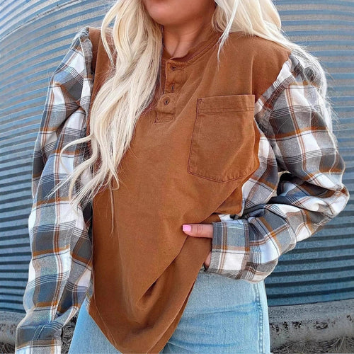 Damen Langarmshirt mit karierten Ärmeln Drune