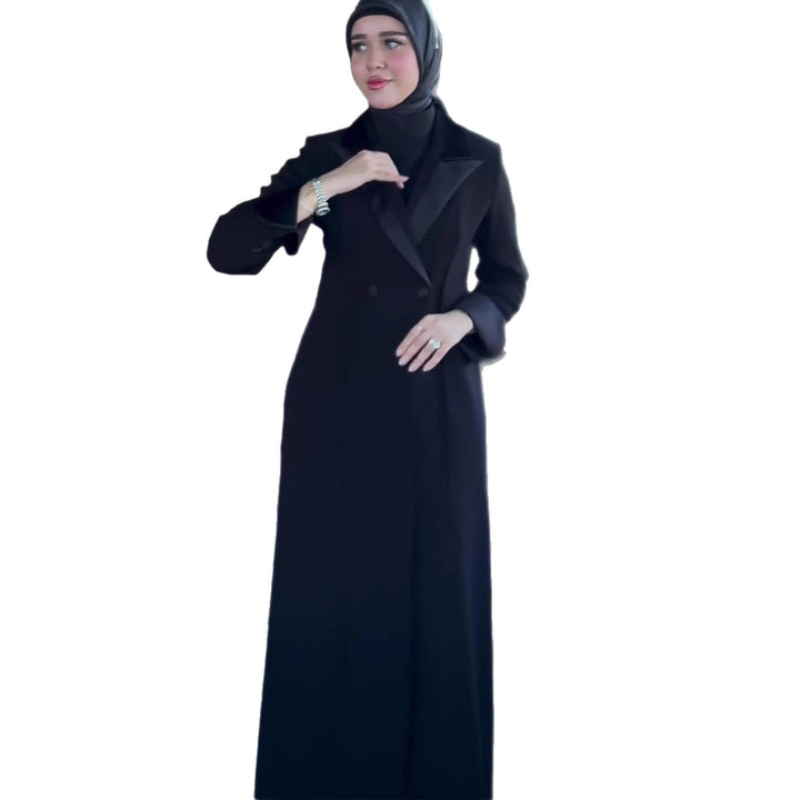 Damen eleganter Maximantel mit seidigem Schal und doppelter Knopfleiste Drune