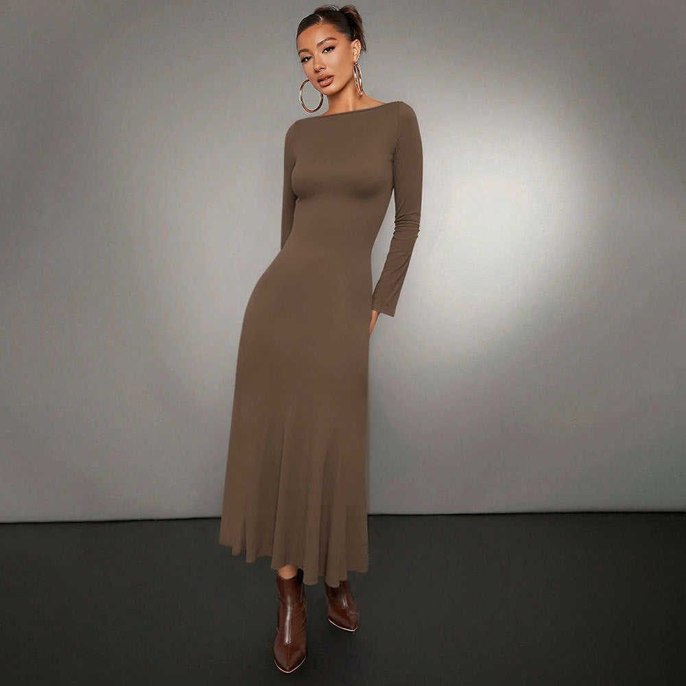 Damen Langarm Midikleid mit elegantem Rundhalsausschnitt und schwingendem Saum Drune
