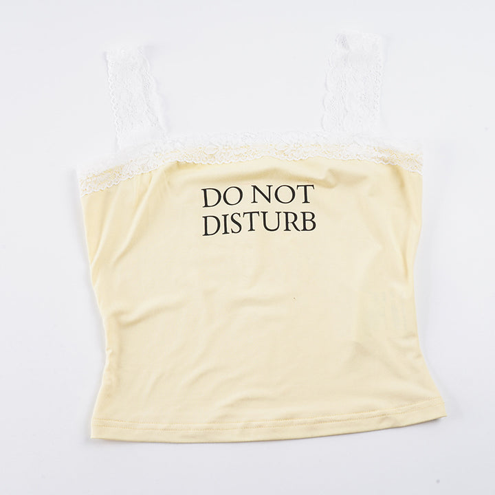 Damen Spaghetti-Trägertop mit zartem Spitzenbesatz und witzigem Schriftzug Drune