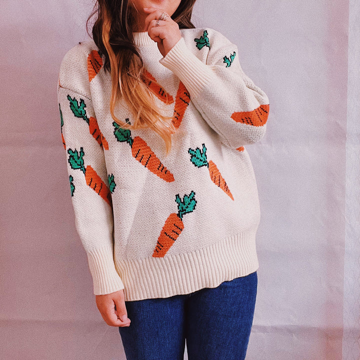 Damen lässiger Pullover mit buntem Karottenmotiv Drune