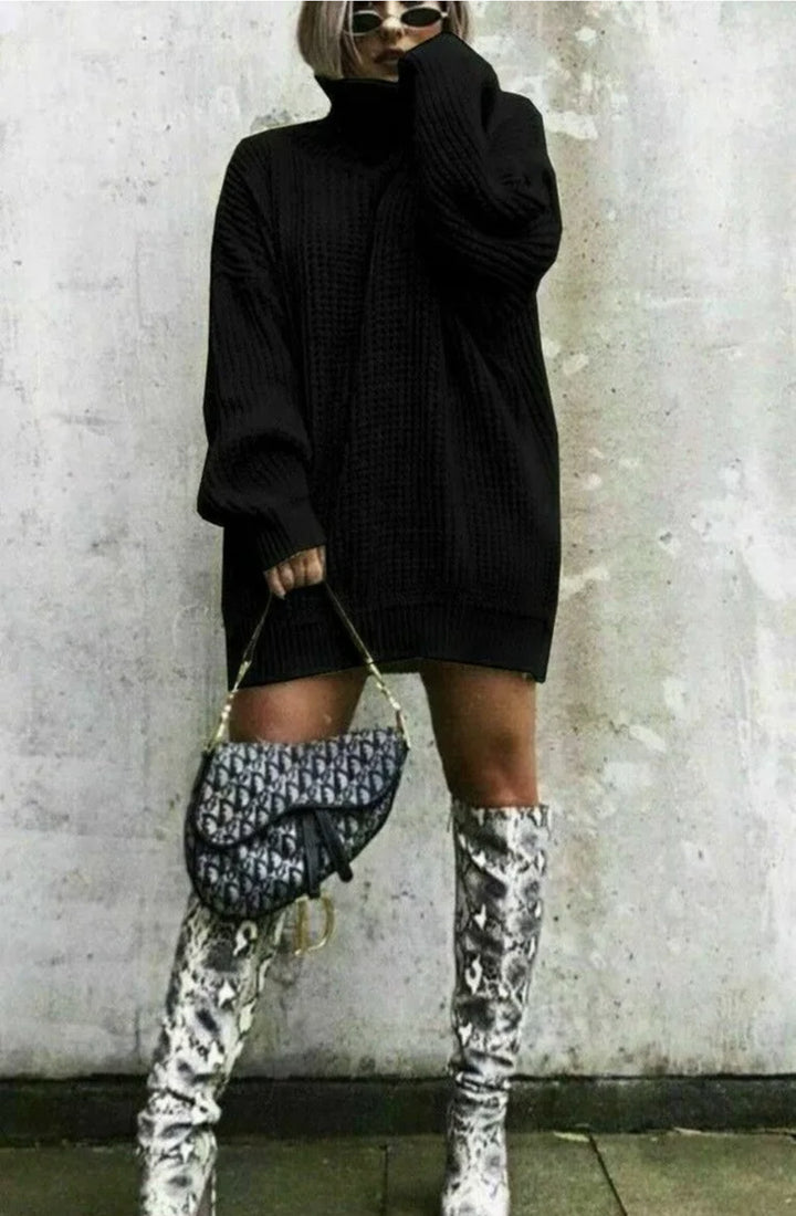 Damen Oversized Strickpullover mit hohem Kragen und Waffelmuster Drune