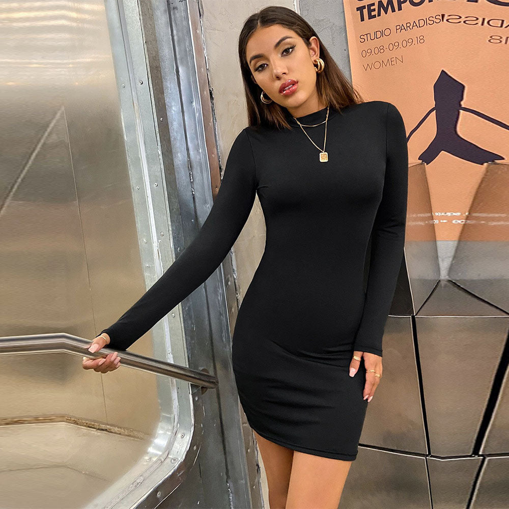 Damen figurbetontes Minikleid mit hohem Kragen und langem Arm Drune