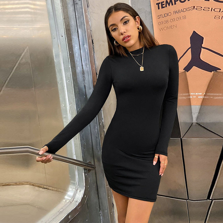 Damen figurbetontes Minikleid mit hohem Kragen und langem Arm Drune