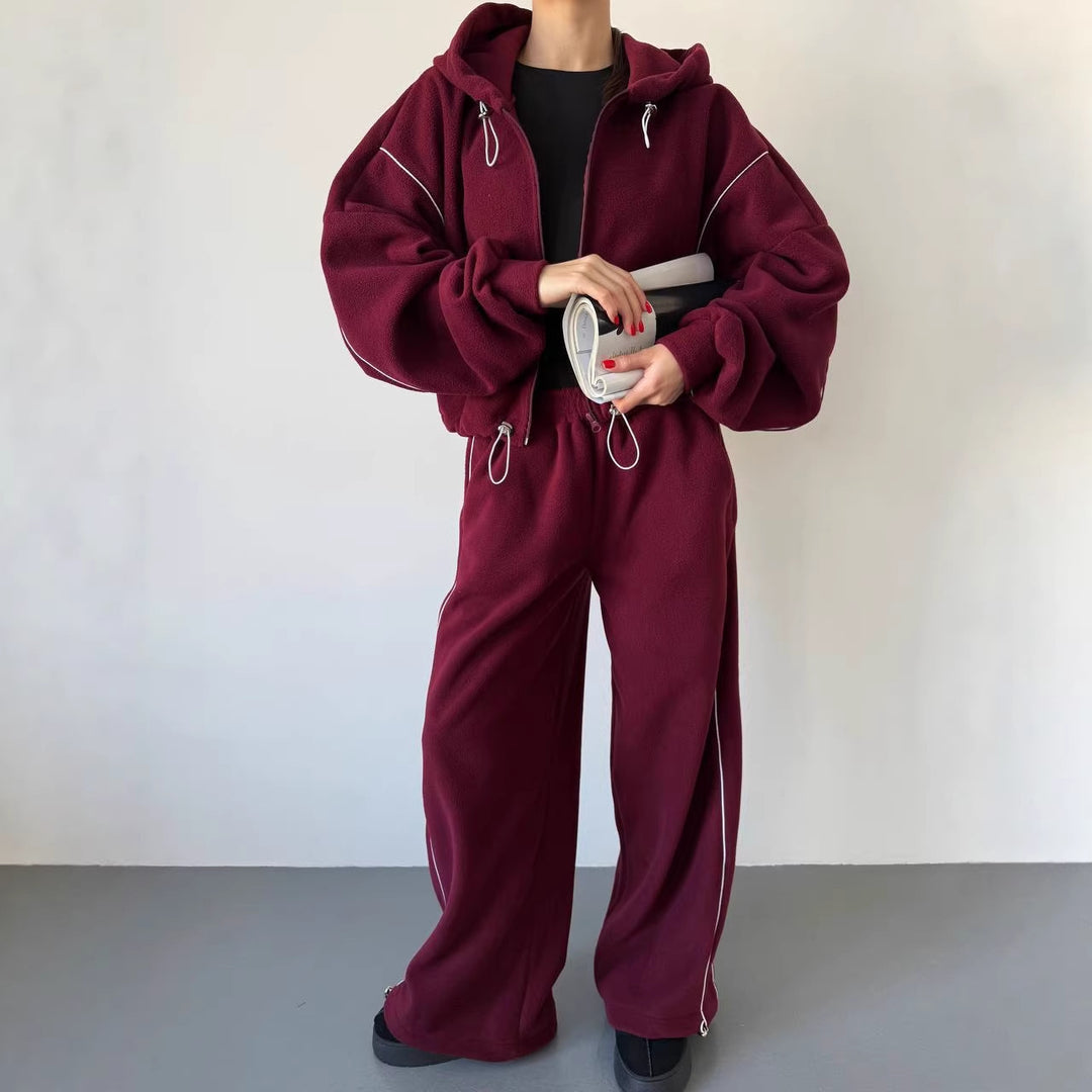 Damen lässiges Fleece-Set mit Kapuze und elastischem Bund Drune