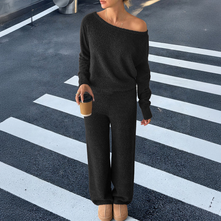 Damen nan kuscheliges Bouclé-Lounge-Set mit One-Shoulder-Crop-Pullover und Highwaist Palazzo-Hose Drune